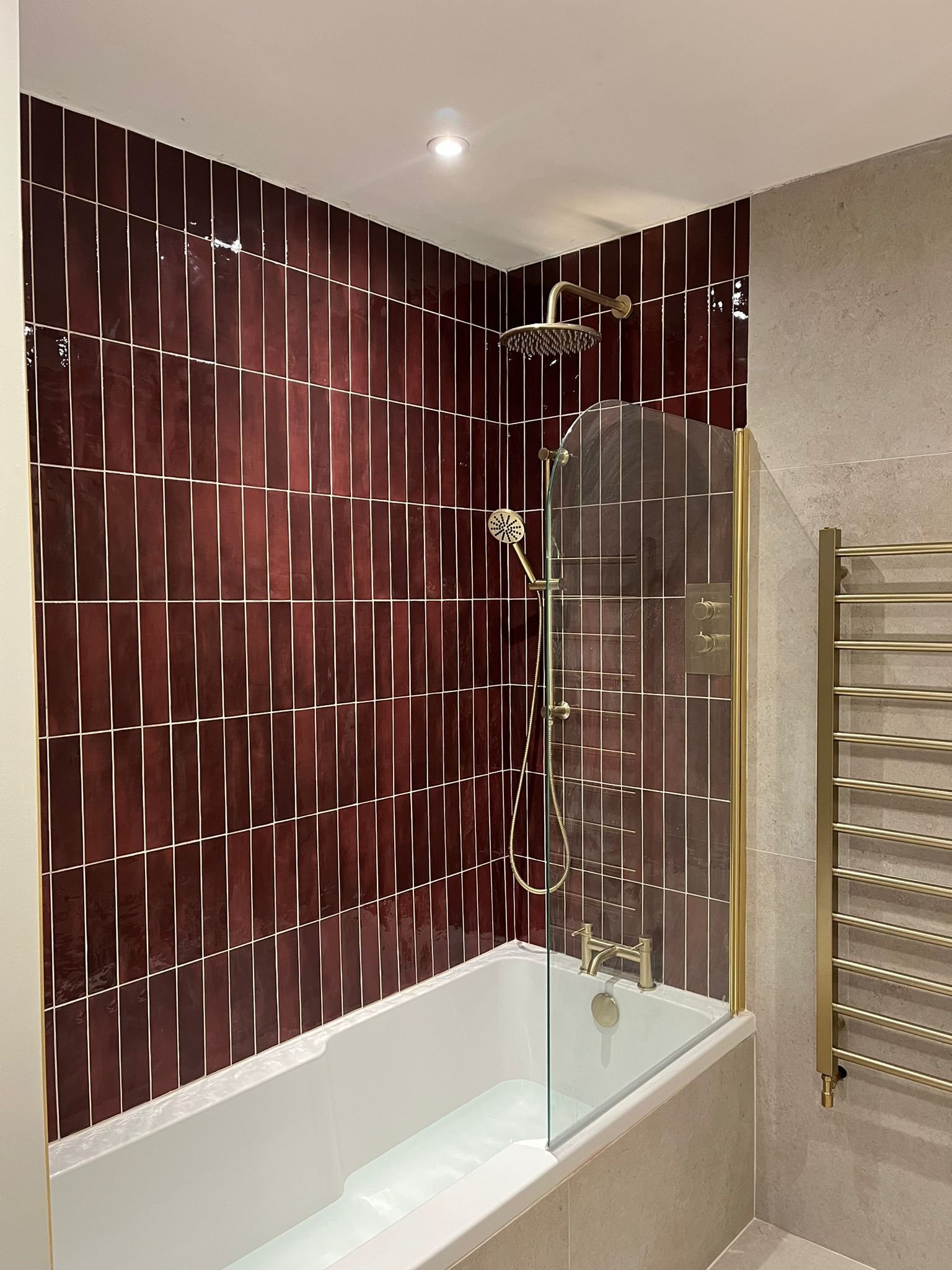 Bath-Shower Combination with Burgundy Feature Tiling – Ashton-under-Lyne Bathroom Design Ideas