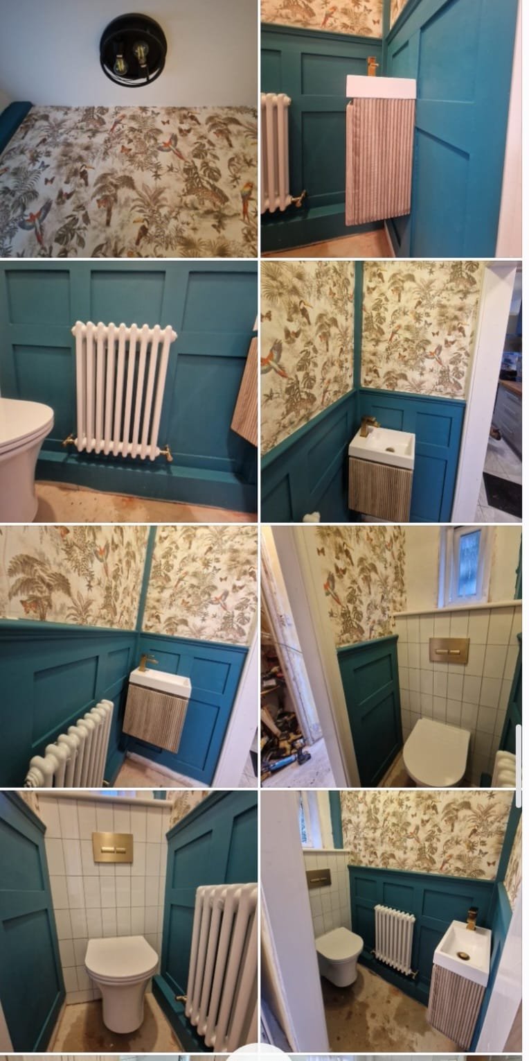 Bold Teal Cloakroom with Panelling and Patterned Wallpaper – Urmston Bathroom Design Ideas