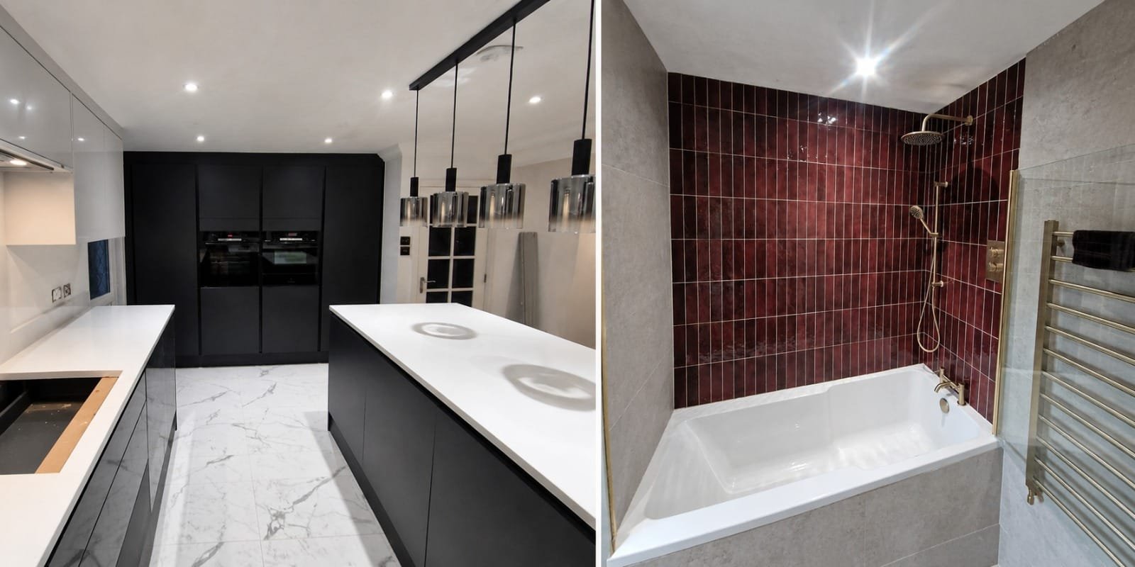 Dark Kitchen and Statement Bathroom Design Pairing – Cheadle Bathroom Design Ideas