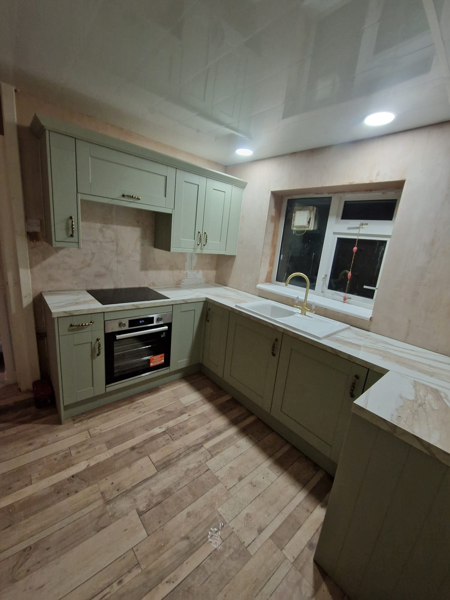 Sage Green Kitchen with Marble-Effect Worktops – Whitefield Kitchen Design Ideas